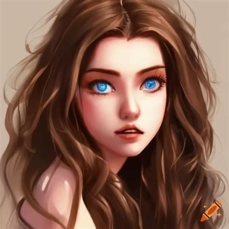 Portrait of a queen with long wavy brown hair and blue eyes