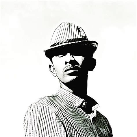 a black and white drawing of a man wearing a hat