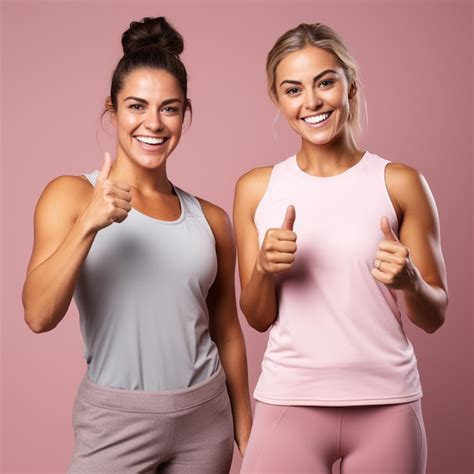 Premium AI Image | Two smiling athletic women in sports clothes point