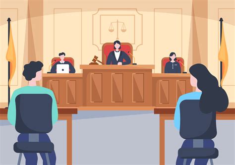 Court Room with Lawyer, Jury Trial, Witness or Judges and the Wooden Judge's Hammer in Flat ...