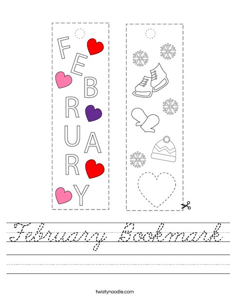 February Bookmark Worksheet - Cursive - Twisty Noodle