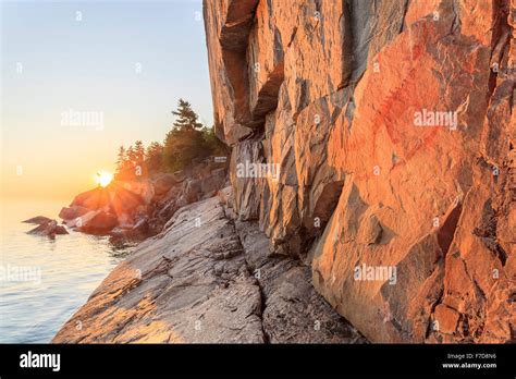 Agawa Rock in the Lake Superior Provincial Park at sunset Stock Photo ...