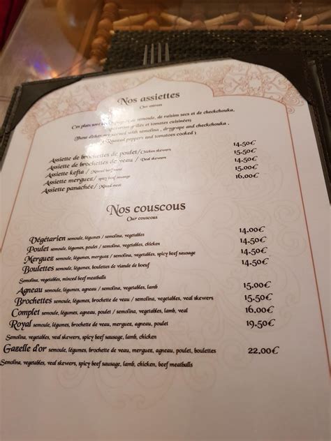 Menu au La Gazelle d'Or restaurant, Belfort