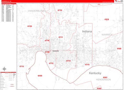 Evansville Indiana Zip Code Wall Map (Red Line Style) by MarketMAPS - MapSales