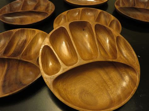 Divided Wood Plate Set, Six Phillipine 10" Wood Bowls, Made in Manila bowl set, Wooden Plate ...