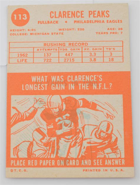 1963 Clarence Peaks Philadelphia Eagles Topps #113 Football Card | Property Room