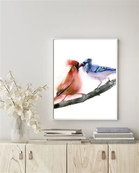 Cardinal and Blue jay Birds art print Watercolor painting | Etsy