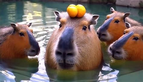 Premium AI Image | A capybara with oranges on its head is swimming in a pool.