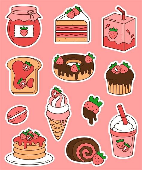 Cute sticker set with strawberry desserts and drinks isolated on white ...