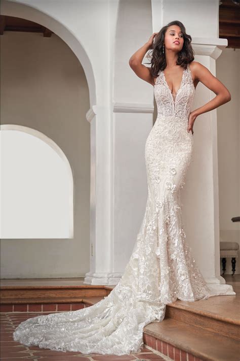 T212058 Gorgeous Embroidered Lace Wedding Dress with Deep V-neckline