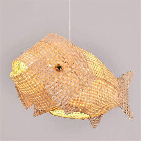 Fish Shaped Restaurant Hanging Light Bamboo 1 Head Asian Ceiling Pendant in Wood - Clearhalo