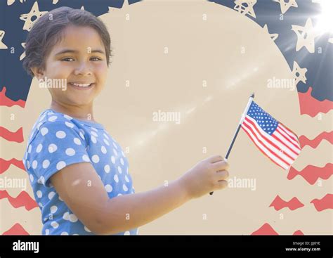 Girl smiling and holding american flag against hand drawn american flag with flare Stock Photo ...