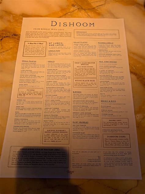 Menu at Dishoom Manchester restaurant, Manchester