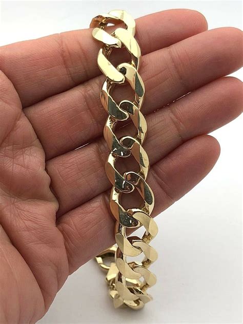 Mens 14k Solid Yellow Gold Flat Cuban Link Chain Bracelet 9.25 12.5mm ...