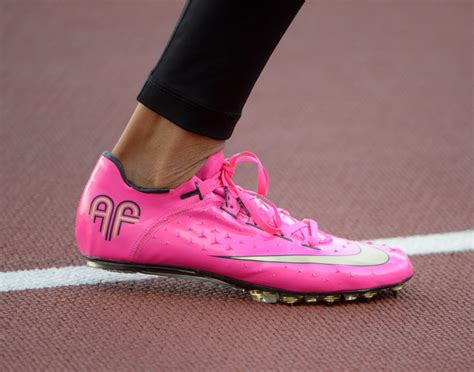 General view of the pink Nike spikes of Allyson Felix (USA) during a ...