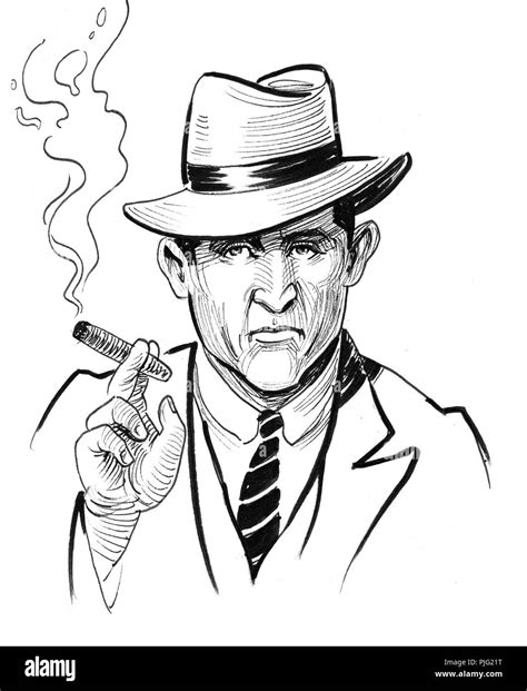 Mafia boss with a smoking cigar. Ink black and white drawing Stock Photo - Alamy