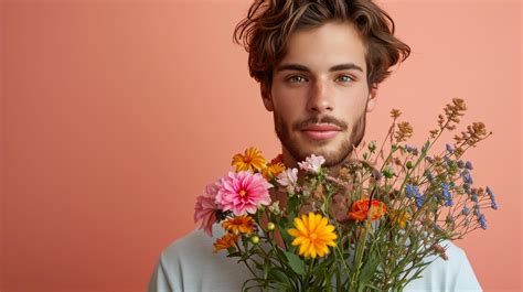 AI generated handsome man with flower bouquet on minimalist background with copy space 37227204 ...