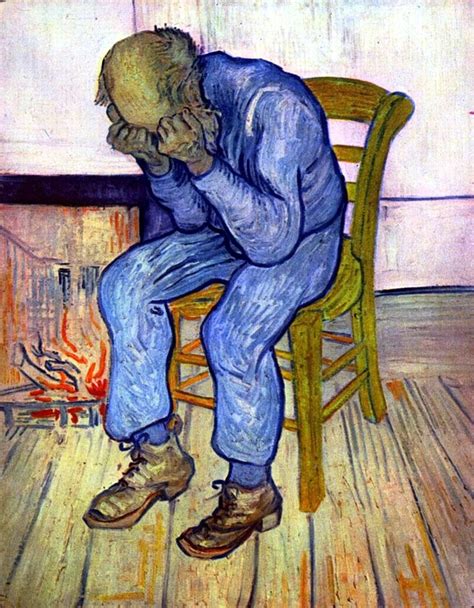 A painting of an old man who sits on a chair with his head in his hands ...