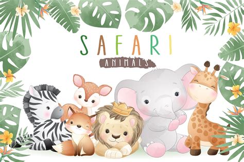 Cute safari animal clipart set with watercolor illustration