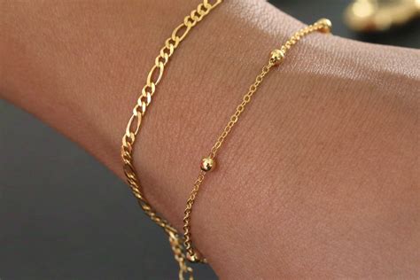 14K Gold Bracelet Gold Link Chain Bracelet Gold Bead - Etsy