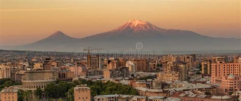 City Skyline of Yerevan at Sunrise, with Mt Ararat in Background Stock Photo - Image of yellow ...