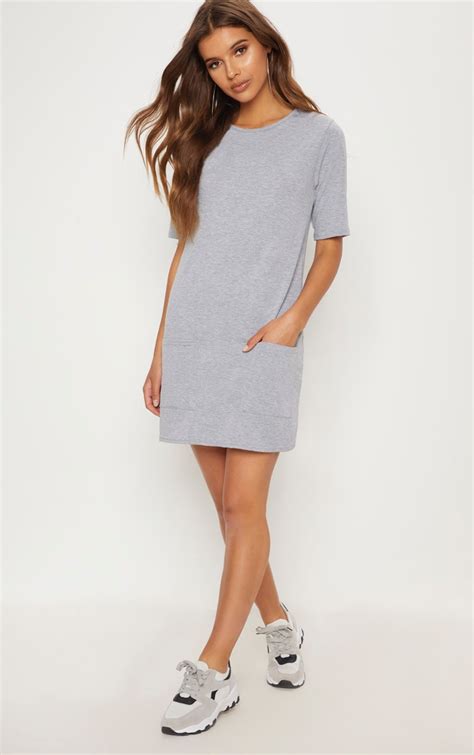 Basic Grey Pocket Detail T Shirt Dress | PrettyLittleThing