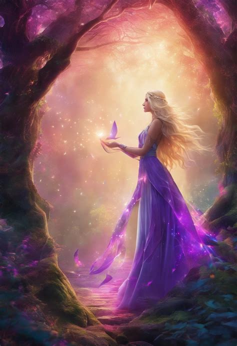 A woman in a purple dress holding a butterfly in a forest - SeaArt AI