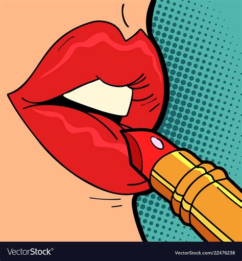 red lipstick, woman lip makeup. Comic cartoon pop art retro vector illustration drawing ...
