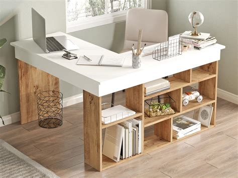 Bureau d'angle avec rangements coloris blanc et naturel - LILEUL