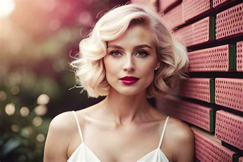 beautiful blonde woman with short hair and red lipstick. AI-Generated ...