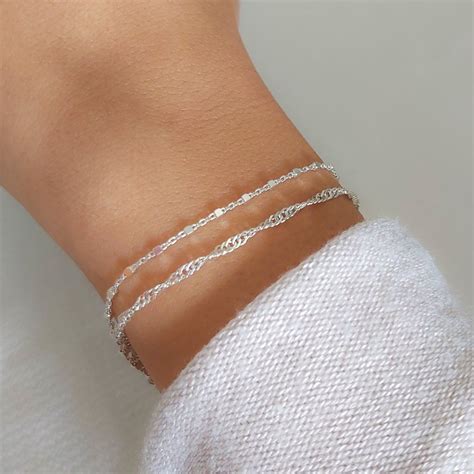 Dainty Sterling silver Bracelet Double Stranded with Swirl and Cubes Chains | Simple silver ...