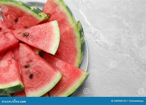 Slices of Tasty Ripe Watermelon on Light Grey Marble Table, Top View ...