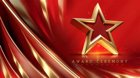 Red award ceremony background with 3d realistic luxury gold star elements with glitter light ...