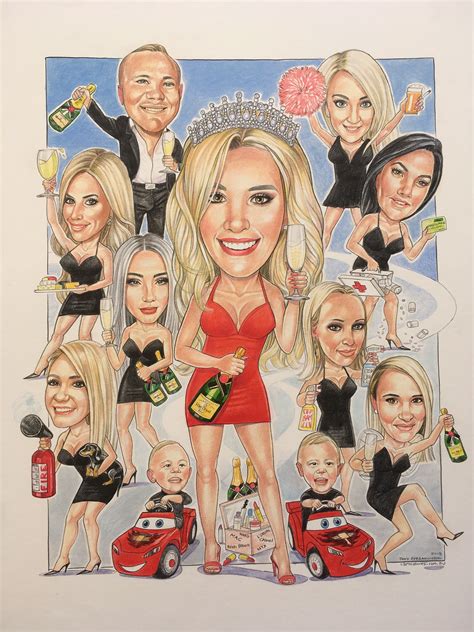Birthday caricature showing Laura surrounded by her hubby, kids and all her best girlfriends ...