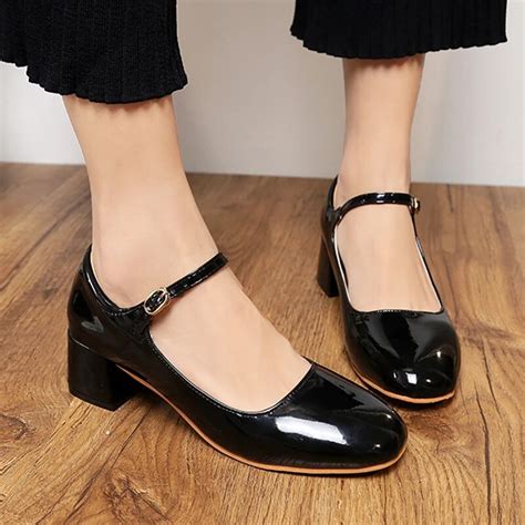 Spring Women Mary Janes Shoes Patent Leather High Heels Pumps Ankle Strap Dress Shoes Square Toe ...