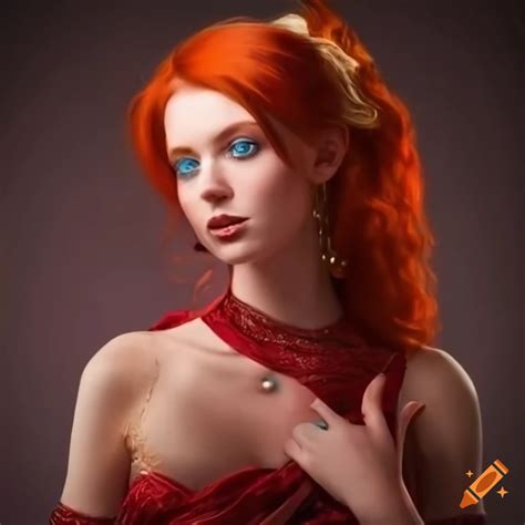 Dancing woman with red hair and blue eyes