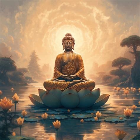 Premium Photo | A painting of a buddha on a pond with a painting of a ...