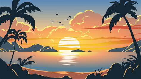 Vector ocean sunset scenery. Colorful tropical beach landscape 22245986 Vector Art at Vecteezy