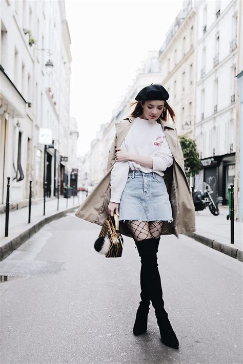 beret, tights, denim skirt, over the knee boots, trench coat, best ...