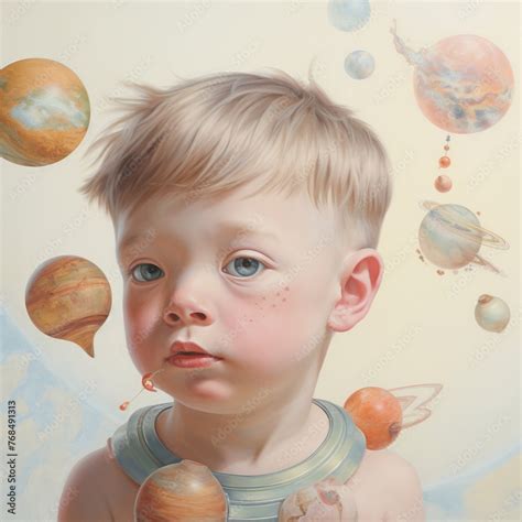 Boy with solar system model, planets in orbit, eye-level, painting detailsorigami, pastel, cute ...
