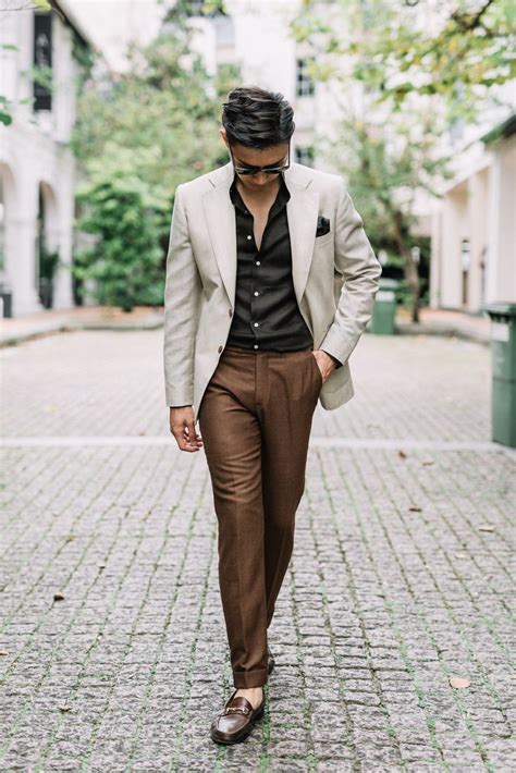 Ivory Cream Linen Jacket with Brown Hopsack Trousers | Brown pants men, White pants men, Brown ...