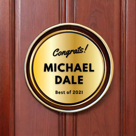 Modern Circular Nameplate: Golden and Wooden Base with High-Class Black Letters for a Premium Touch