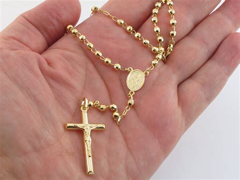 14k Yellow Gold Rosary Beads Necklace Virgin Mary Jesus Cross - Etsy India