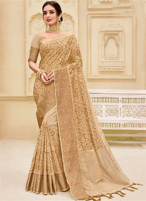 Jute Silk Weaving Beige Traditional Saree | Traditional sarees, Red flower girl dresses, Saree