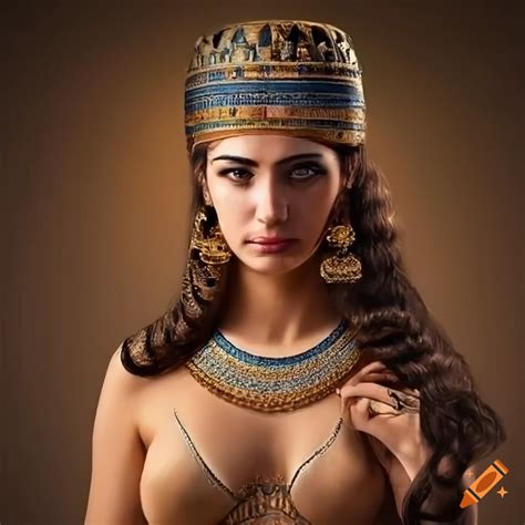 Woman of ancient babylon in ancien corridor, long brown curled hair ...