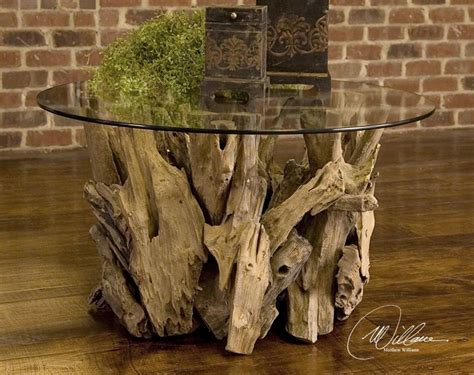 Driftwood Glass Top Round Cocktail Table | Driftwood coffee table ...