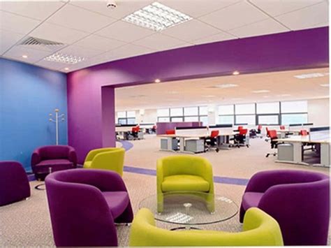 Awesome Office Interior Design Ideas With Beautiful Purple And Yellow Fabric Chairs… | Interior ...