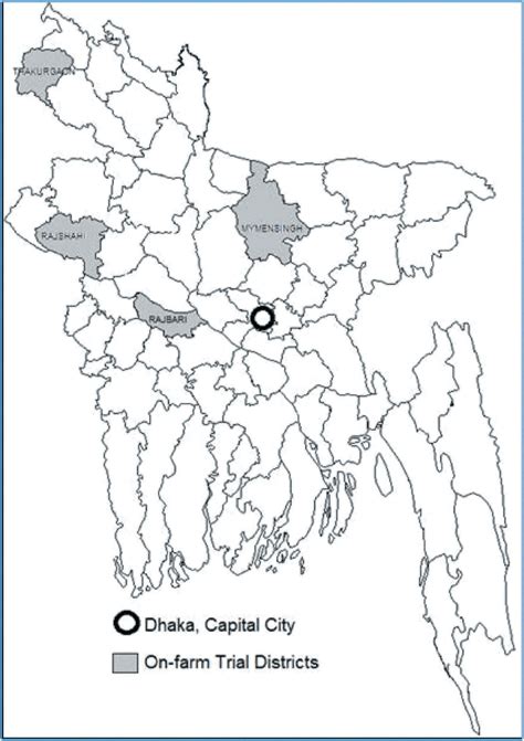 Map of Bangladesh showing the locations of on-farm studies of ...