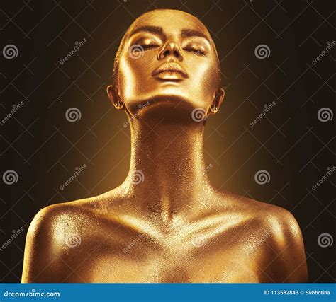 Fashion Art Golden Skin Woman Portrait Closeup. Gold, Jewelry, Accessories. Model Girl with ...