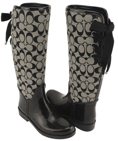 NEW WOMENS COACH TRISTEE CLASSIC SIGNATURE LACE UP CORSET LOGO TALL RAIN BOOTS in Clothing ...